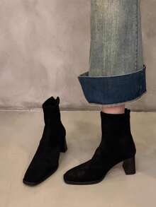 秋冬季方头粗跟修身短靴，绒面革复古弹力踝靴，优雅女士踝靴 - 黑色 - 查看 3