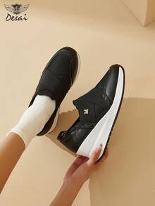 DESAI Women's Fashion Breathable Casual Sneakers, Letter Print Slip-On Low-Top Shoes, Wedge Heel Outdoor Shoes, Criss-Cross Strap Design, Daily Wear White & Black Niche Style - Black - View 8
