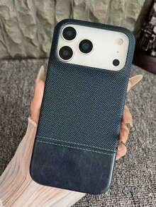 1件装奢华皮革拼接手机壳，兼容 17 AIR 16 15 14 13 12 Pro Max Plus，软质后盖，商务风格 - 藍色 - 查看 6