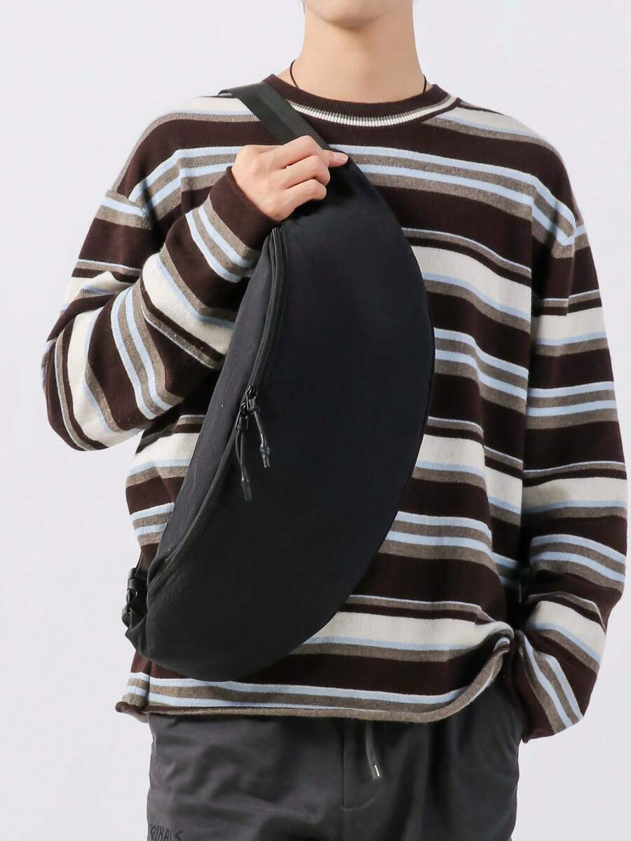 1pc Large Capacity Zipper Closure Men's Waist Bag/Chest Bag, New Street Style Outdoor Travel Men's Chest Pack Belt Bag - Black - View 1