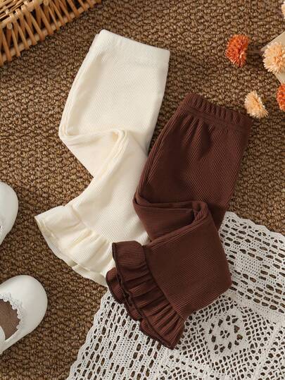 2pcs/Set Baby Girls' Casual Minimalist Fashion Solid Color Vertical Stripe Ruffle Hem Knit Pants, Spring/Autumn