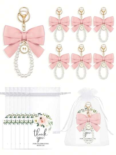 1pc/5pcs Elegant Bow Pearl Keychain, Keychain With Gratitude Tag, White Organza Bag, Suitable For Bridal Shower, Birthday, Wedding Party Decor, Christmas Gift, Car Key Chain, Bag Charm, Pearl Bracelet Keychain, Lanyard Keychain, Phone Strap, Wedding, Bridal Shower, Birthday Party Gift