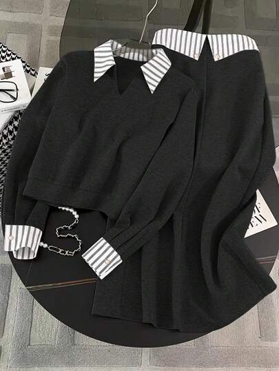 大码女装春季时尚日常通勤百搭纯色条纹拼接长袖上衣搭配撞色半裙两件套，适合办公室、机场、情人节约会等场合，黑色冬季款