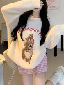 Soft Knit Cartoon Long Sleeve Crew Neck Sweater, Casual Style Top For Autumn/Winter - Apricot - View 3
