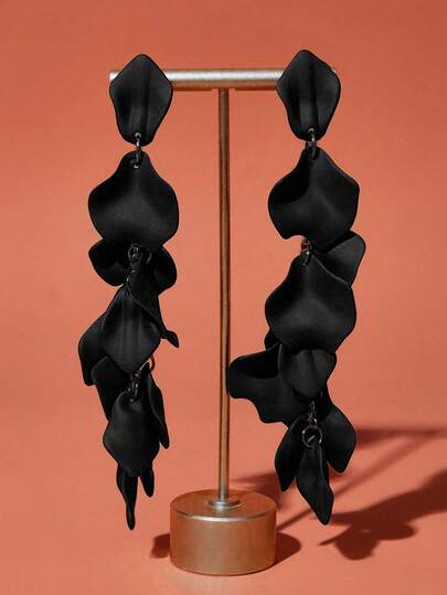 1 Pair Autumn/Winter Unique Black Leaf & Petal Tassel Drop Earrings, Versatile For Daily Wear, Holidays, Parties, Vacations