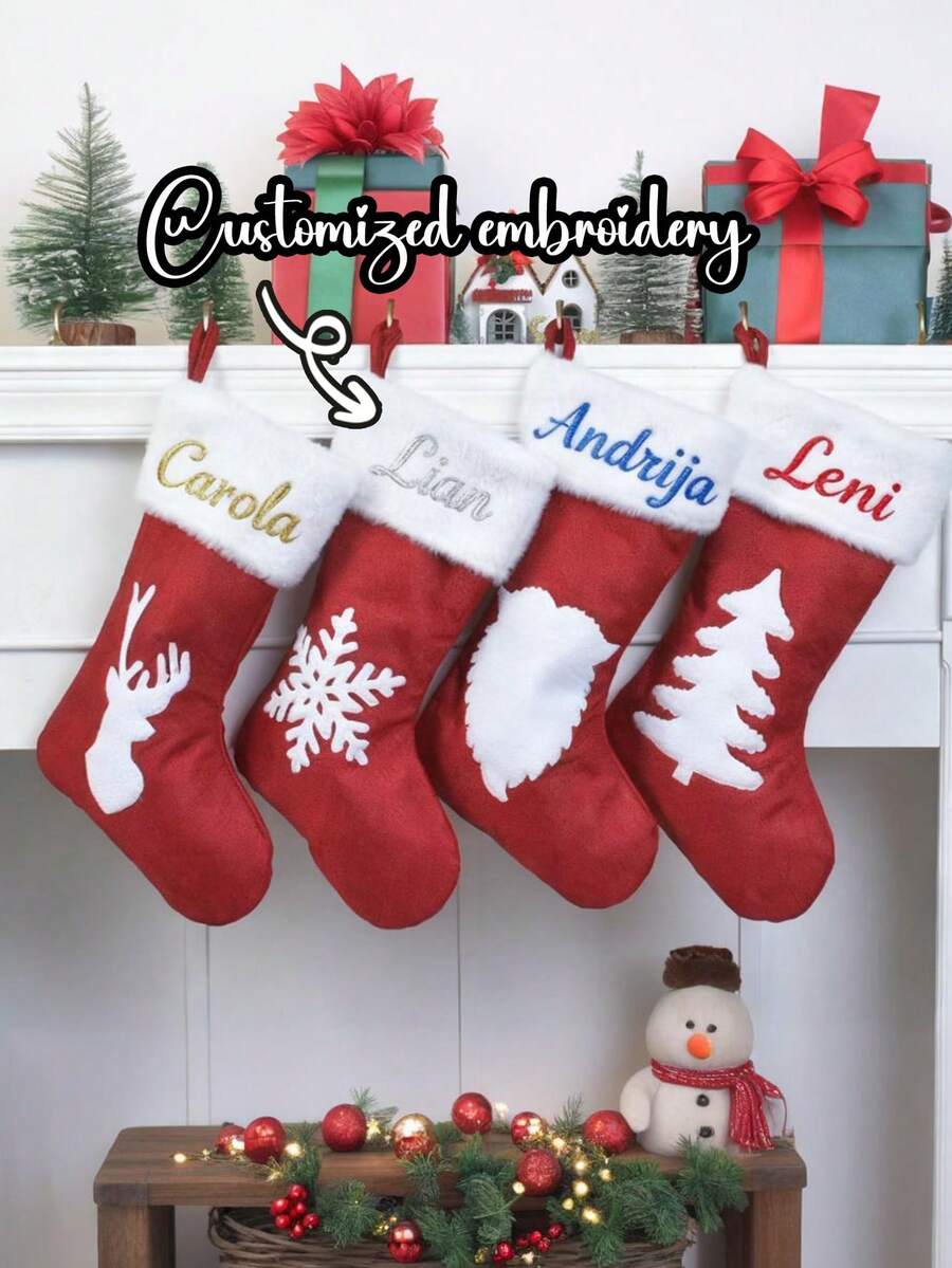 Embroidery Custom Christmas Socks Reindeer Snowflake Red Christmas Socks Plush Cute Holiday Atmosphere Pendant Anniversary Gift, Birthday Gift, Mother's Day Gift, Father's Day Gift, Best Friend Gift, Gift For Mom/Dad, Gift For Her/Him, Gift For Girlfriend/Boyfriend/Friend - Multicolor - View 1