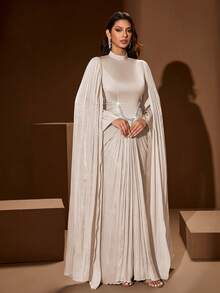 Women's Solid Color Stand Collar Elegant Long Dress, Waist Beaded & Ruched Design, Soft Flowy Long Sleeve, Suitable For Parties, Banquets, Formal Occasions Wedding Spring Party - Apricot - View 1