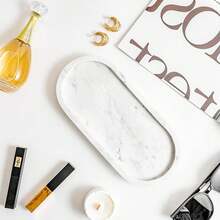 WORHE Natural Marble Vanity Tray Italy Oval Stone Trays For Candles Perfume, Decorative  Dish For Small Items, Countertop Storage Organizer For Home Bathroom Kitchen Matte Surface White (BH101) - White - View 3