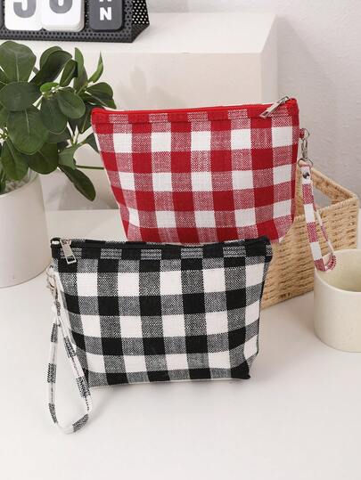 1 st svart- och rödrutig förvaringsväska, dragkedjeficka för smycken, hörlurar, reseprodukter, kosmetika, hårband, nycklar, kablar, canvasväska