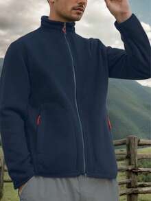 Men's Solid-Color Shearling Jacket Winter Fleece-Lined Long-Sleeve Stand-Up Collar Zipper Snow Leopard Jacket Winter Coat Men's Winter Sports - Navy Blue - View 7