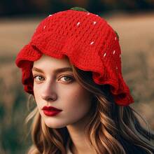 1 chiếc Mũ len móc hình hoa dâu tây phong cách Bohemian dành cho nữ (Mũ Giáng sinh), Thời trang & Thanh lịch - Mũ dâu tây thủ công - Xem 8