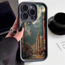 Cubierta de teléfono con borde negro diseño de montañas tibetanas y banderas coloridas para uso diario y viajes - Café integral - Ver 1