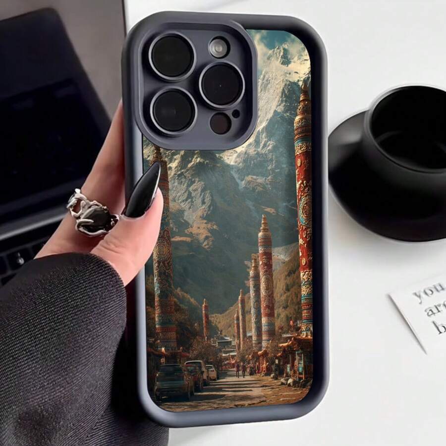 Cubierta de teléfono con borde negro diseño de montañas tibetanas y banderas coloridas para uso diario y viajes - Café integral - Ver 1