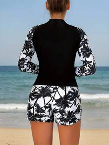 Elegante Traje De Baño De Dos Piezas, Blusa Y Pantalón De Manga Larga Con Estampado Tropical Para Mujer Durante Vacaciones En La Playa - Negro - Ver 2