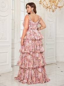 [Random Print] UNITHORSE Plus Women's V-Neck Spraghetti Strapless Tiered Skirt Sexy Backless Chiffon Maxi Slim-Fitting Evening Dress - Pink - View 2