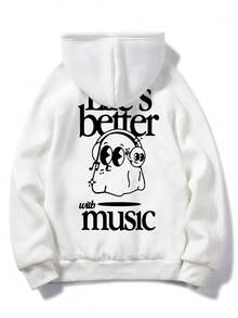 万圣节可爱幽灵元素印花男士秋冬新款创意抓绒连帽卫衣，长袖上衣 - 白色 - 查看 5