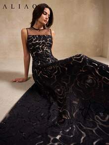 Aliao 优雅蕾丝拼接花卉薄纱无袖连衣裙，端庄得体，适合婚礼季、情人节、秋冬季、白色派对、复古贵族风、宫廷风、吸睛单品、日常优雅、新年等场合。 - 黑色 - 查看 2