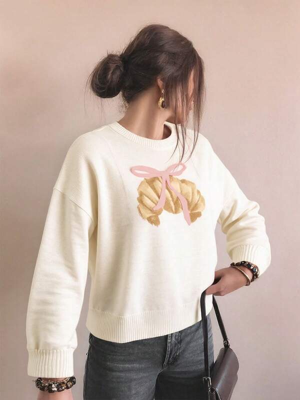 Large-Size Women's Fashionable And Simple White Round-Neck Long-Sleeved Cute Pullover Sweater, With Horn-Shaped Jacquard Pattern, Lazy Style, Casual And Comfortable Daily Top
