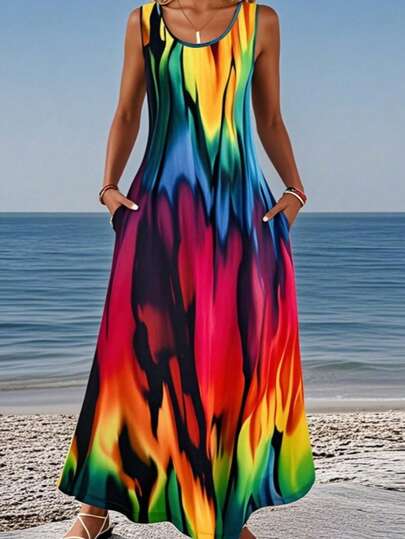 Plus Size Rainbow Ombre Print Sleeveless Maxi Dress, Women Beach Vacation Casual Daily Wear, Spring/Summer Versatile, With Pockets, Sleeveless Summer Long Dress Elegant
