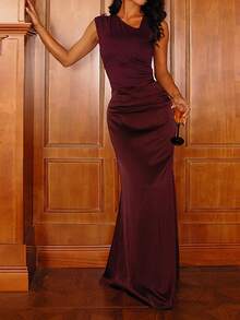 WOWDARK Summer Dress, Red Valentines Outfit, Fashionable Sleeveless V-Neck Satin Patchwork Elegant Party Dress For Women, Suitable For Valentine's Day, Dates, Parties, Gatherings - Burgundy - View 3