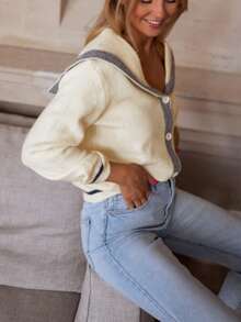 Áo cardigan dệt kim tay dài cổ thủy thủ dành cho nữ, cài cúc phía trước, chất liệu nhẹ, dáng suông, phong cách thời trang thường ngày phù hợp cho việc đi làm, áo len dễ thương. - Màu be - Xem 4