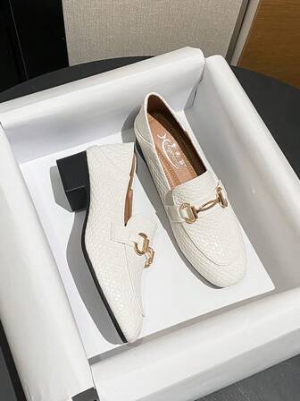 Mengshangli French Niche British Style Soft Leather Mid-Heel Slip-On Work Shoes, Women's Loafers