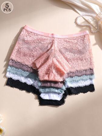 5条装性感蕾丝拼接女士平角内裤，字母腰带设计，中腰无痕，柔软舒适透气，适合瑜伽、运动和日常穿着。