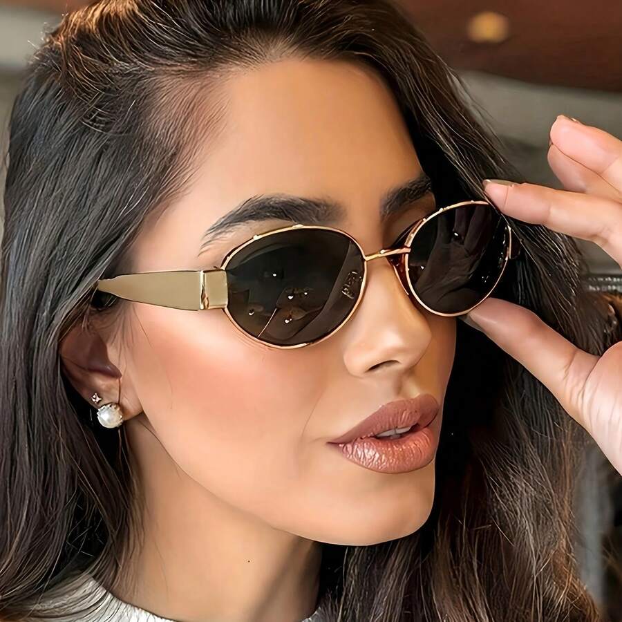 Everyday Elegant And Chic Oval Metal Fashion Women's Glasses - French Retro Style With Gold Accents, Fashionable Small Frame, Decorative AC Lenses, Perfect For Streetwear And Fashion Outfits - 金色框架黑灰色片. - 查看 1