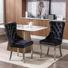 High-End Contemporary Dining Chairs In Solid Wood With Upholstery, Covered In Velvet, Stainless Steel Legs And Rivet Ornaments, Two Chairs Per Set. - Conventional - View 1