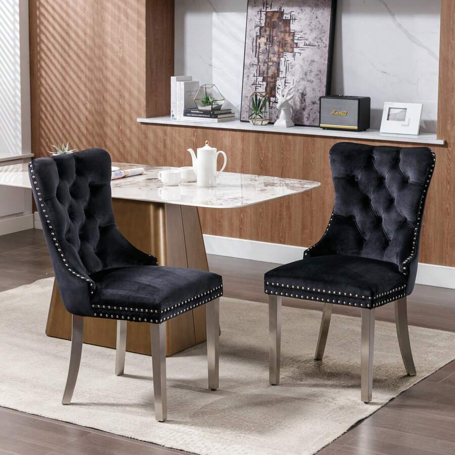 High-End Contemporary Dining Chairs In Solid Wood With Upholstery, Covered In Velvet, Stainless Steel Legs And Rivet Ornaments, Two Chairs Per Set. - Conventional - View 1