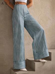 Quần ống rộng kẻ sọc xếp ly thanh lịch Aliao, thích hợp cho ngày Valentine, tiệc tùng, phong cách quý tộc cổ điển, phong cách cung đình, trang nhã và lịch sự, trang phục công sở thường ngày dành cho nữ, dịp năm mới, mùa xuân, mùa hè. - Màu xanh lam - Xem 6