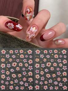 2片装春日粉樱花金色美甲贴纸，5D立体浮雕奢华金箔叶子闪亮复古花卉美甲贴花，DIY婚礼美甲用品 - 彩色 - 查看 8