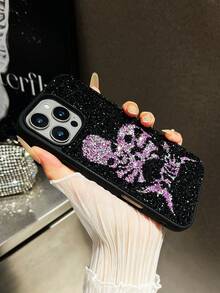 1pc Vintage Gothic Dark Skull Rhinestone Full Coverage Phone Case, Fits 17 Pro Max - Purple - View 5