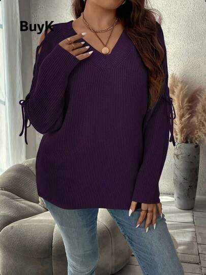 BuyK [Tops]BuyK Essential For Autumn And Winter In European And American Style! Purple Off - The - Shoulder Laced V - Neck Long - Sleeved Knitwear, Casual And Stylish, Highly Eye - Catching