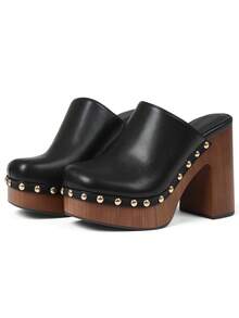 Vintage Cork Women Pumps Non-Slip Rivit Brown Chunky High Heeled Platform Mules Dressy Comfortable Spring Summer Pumps For Woman - 黑色 - 查看 3