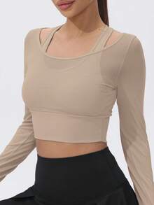 1件装女士网眼长袖短款瑜伽运动T恤，内置胸垫