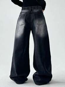 Quần Jeans Ống Thẳng Đen Giặt Cổ Điển Cho Bé Gái Tuổi Teen, Kiểu Dáng Ống Rộng Thường Ngày - màu đen - Xem 7