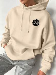 男士休闲时尚百搭日常通勤字母印花袋鼠口袋抽绳连帽衫，秋冬款 - 杏色 - 查看 2