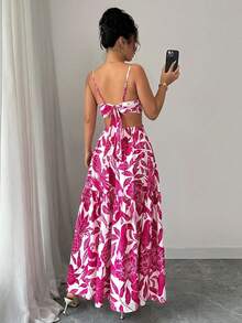 Women's Long Printed Dress With Side Cutouts And Front Ring, Elegant Look - Màu Hồng Tươi - Xem 10