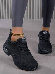 Zapatillas deportivas transpirables casuales para mujeres con malla de unicolor, con cordones, altura elevada, de bajo superior y cómodas, a la moda