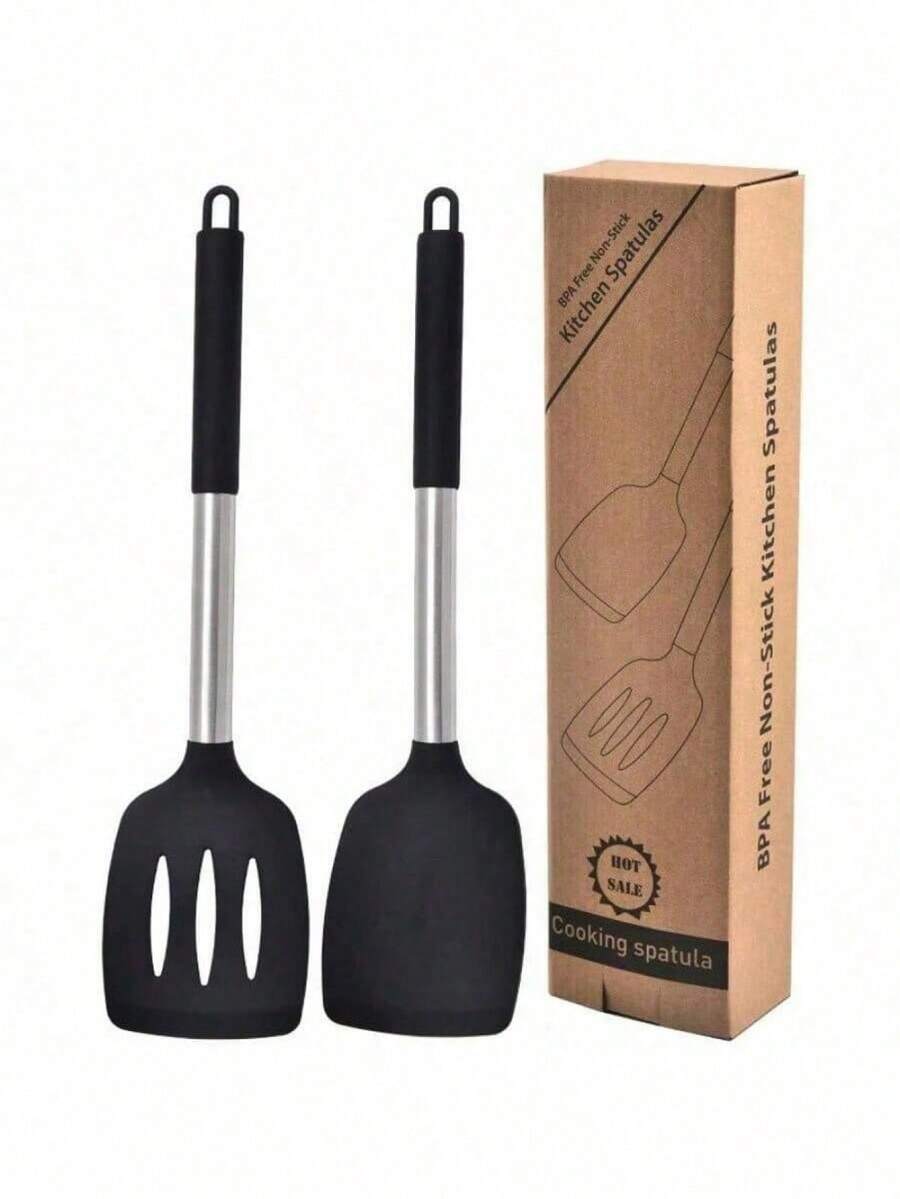 1pc Solid Silicone Scraper, Non-Stick Insertion Type Heat Resistant Kitchen Utensil, Suitable For Fish, Eggs, Pancakes - Black - View 1