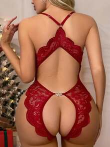 Damen transparenter tiefer V-Ausschnitt, Weihnachten, Jacquard-Gewebe, rückenfrei, Schleifendekoration auf der Brust, Weihnachten, florales Spitzen-Kreuzband-Schrittöffnung, Herzmetall-Schnallendekoration, sexy Teddy-Bodysuit, Zackenkante, verstellbare Träger, Damen sexy Bodysuit