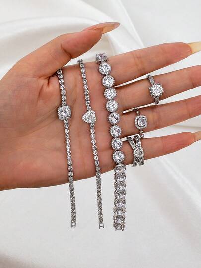 1件套镶钻网球手链和锆石戒指套装，配套设计新娘珠宝礼品套装，粗链手链和戒指套装，闪亮夺目的派对珠宝