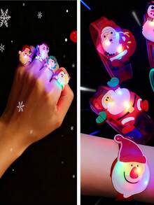 30pcs/6pcs/1pc Christmas Ring Light, Christmas Bracelet With Santa Claus, Snowman, Snowflake - Battery Powered Glowing Party Decorations, Multi-Color LED Lighting Effects, Suitable For Christmas, Halloween, Birthday Party - Includes Battery, Durable Plastic Rings For Fingers And Wrists