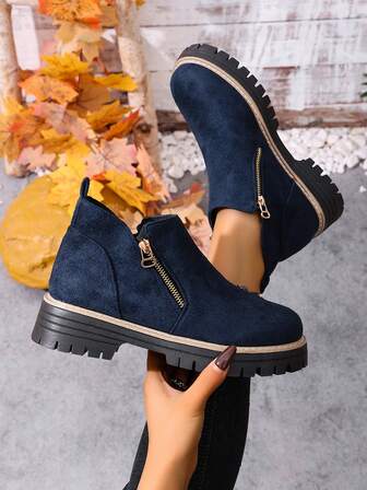 Women's Ankle Boots, 2025 New Fashion Personalized Soft Bottom Non-Slip Lightweight Thick Heel Comfortable Side Zipper Casual Boots, Solid Color