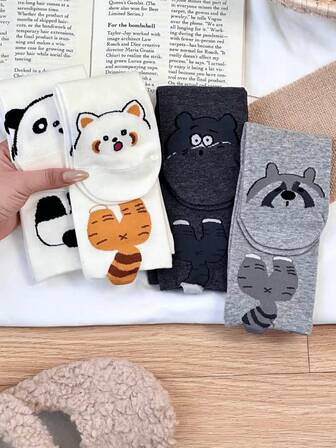 1/4 双卡通可爱动物和抽象趣味中筒袜，秋冬款