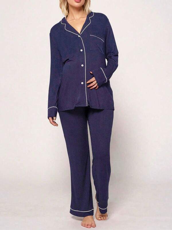 Conjunto de pijama para gestantes, blusa de manga comprida com estampa de bolinhas e lapela fina, calça e blusa de manga comprida. Roupa de dormir casual, confortável e minimalista para gestantes, ideal para primavera/outono e inverno.