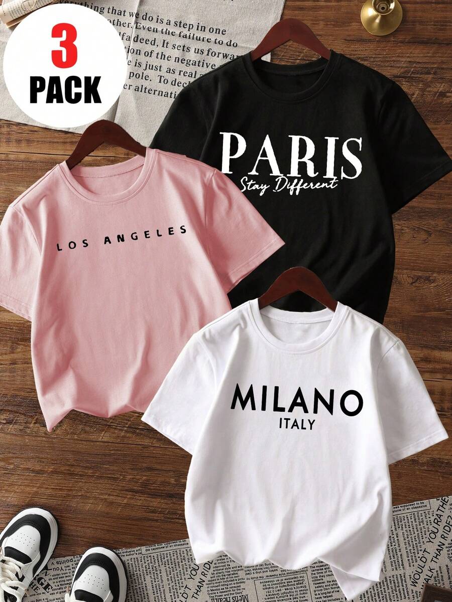 3pcs/Set Tween Girl Casual Printed Round Neck Short Sleeve T-Shirt, Summer Student Clothing - Colorful T-Shirts Bring Joy To Every Child! Tween Girl Graphic Tee Tops, Summer - Pink - View 1