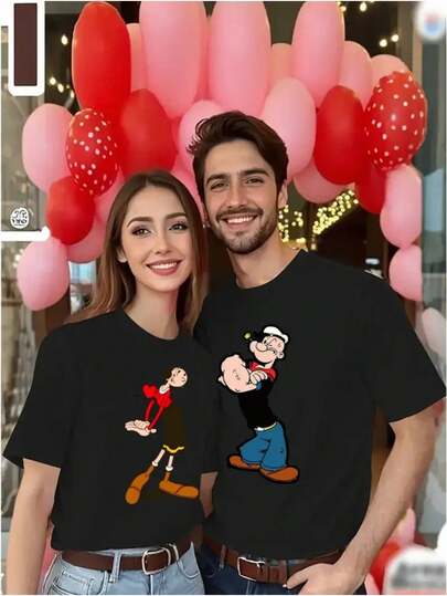 Camisetas de Pareja de Dibujos Animados - Azul Claro y Rojo, Tops Casuales de Manga Corta, Estampado de Dibujos Animados, Poliéster Ligero, Perfectas para Atuendos de Primavera/Verano (Comprar por Separado), Tops Casuales Cómodos| Camiseta gráfica divertida| Fibra de poliéster, camisetas lindas