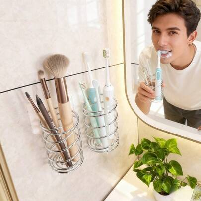 1PC Toothbrush Makeup Brush Stainless Steel Self-Adhesive Punching-Free Holder Metal Bathroom Tool For Toothpaste Makeup Brush Storage Rack Home Decor